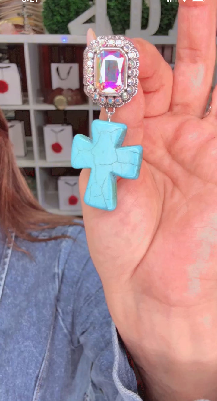 Arete Azul Cruz Vintage y Pedreria (#104)