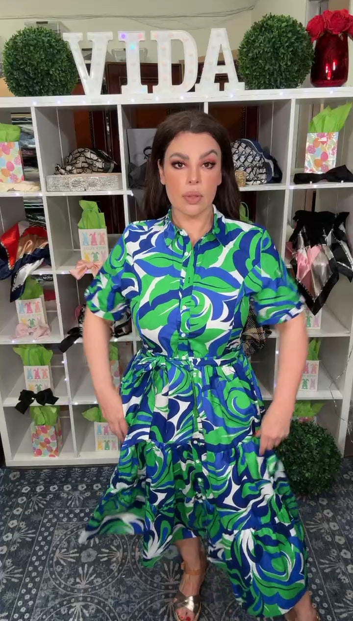 Vestido Azul con Verde y Blanco Princesa (#353)