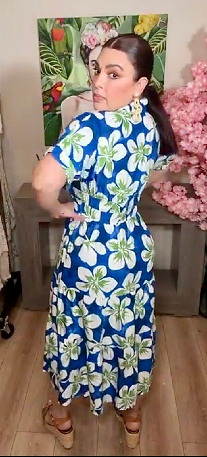 Vestido Azul Flores Blancas Y Lima Flowy Midi (#127)
