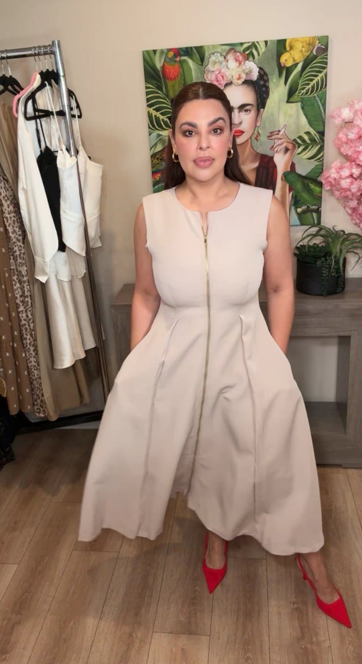Vestido Khaki Claro Zipper Frontal Dorado Falda Fluida Midi (#112)