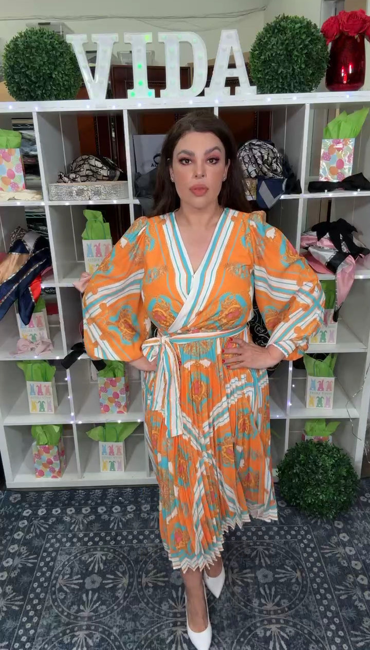 Vestido Beige con Naranja y Turqueza Barroco (#162)