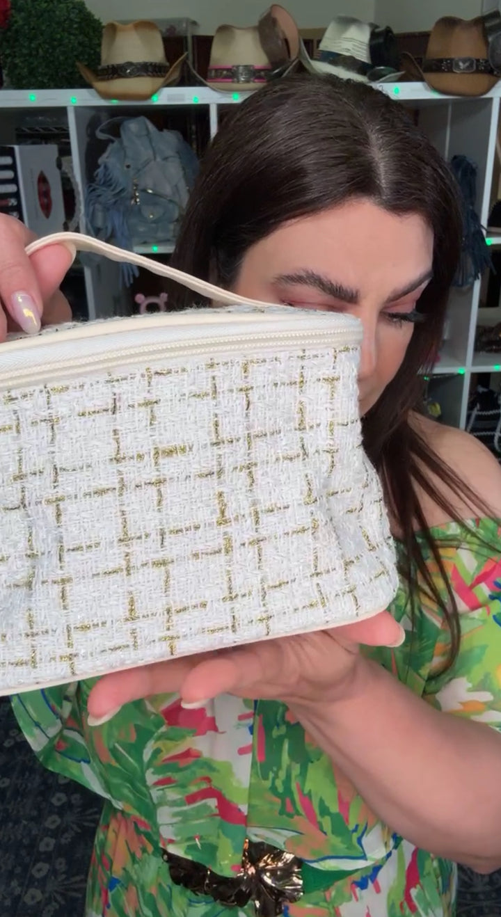 Bolsa beige tweed set maquillaje (#136)