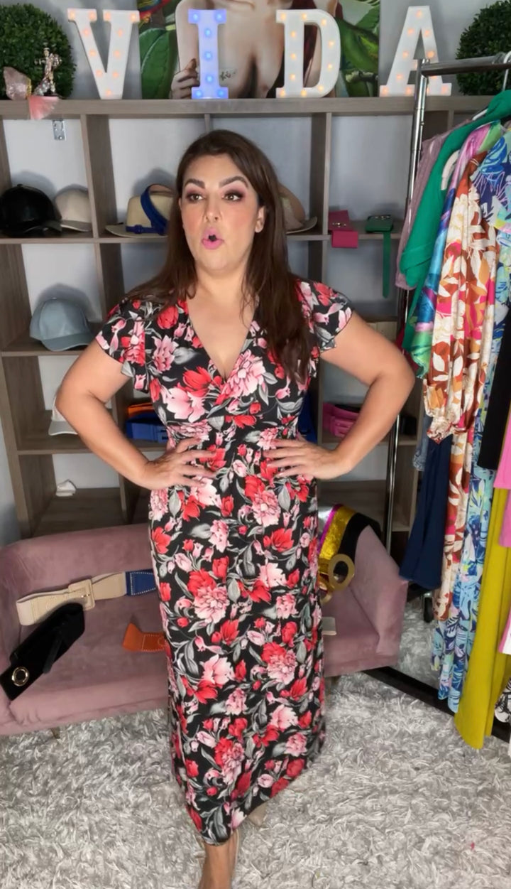 Vestido Negro y Rojo Flores Basico Maxi (#167)