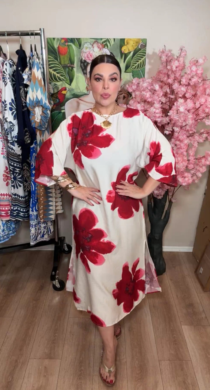 Vestido beige flores rojo intenso túnica midi (#152)