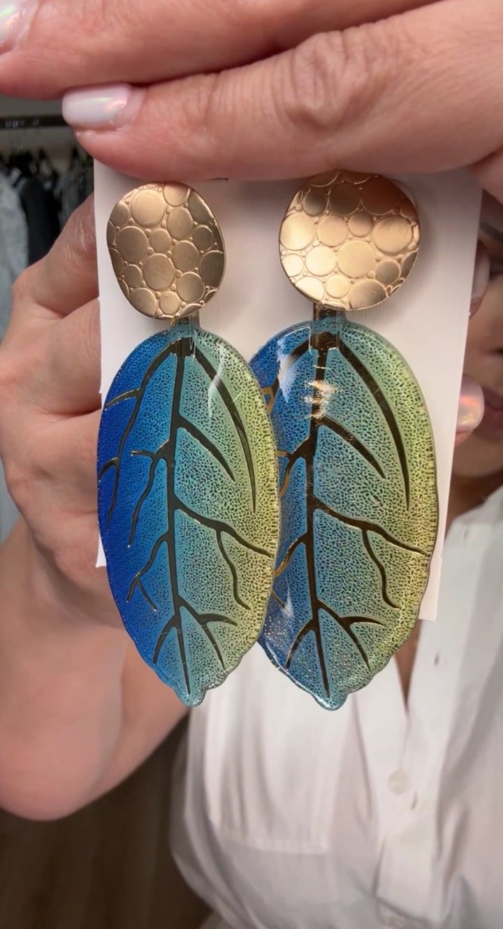 Arete Azul y Verde Hoja con Dorado