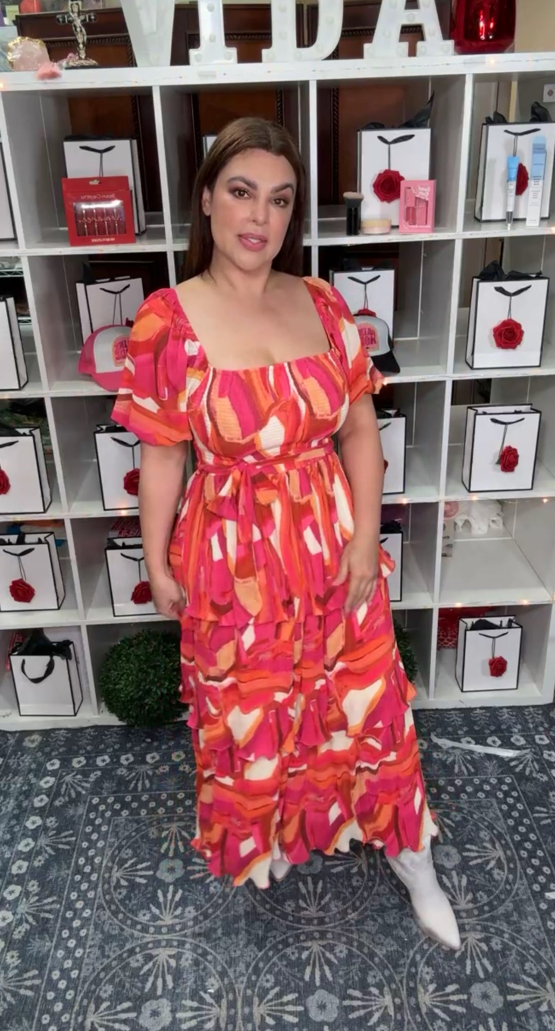 Vestido Rosa y Naranja Pintura Olaneado con Plizado (#155)
