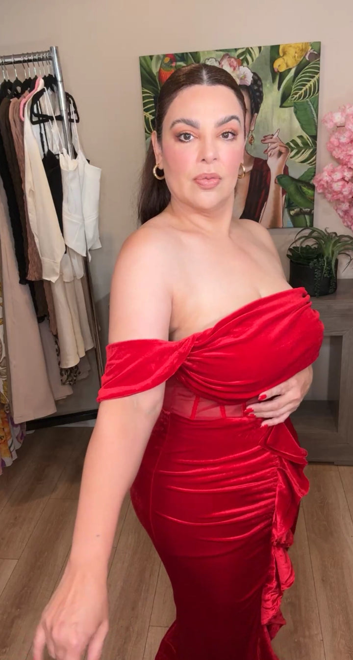Vestido Rojo Terciopelo Bustier En Transparencia Maxi Gala (#153)