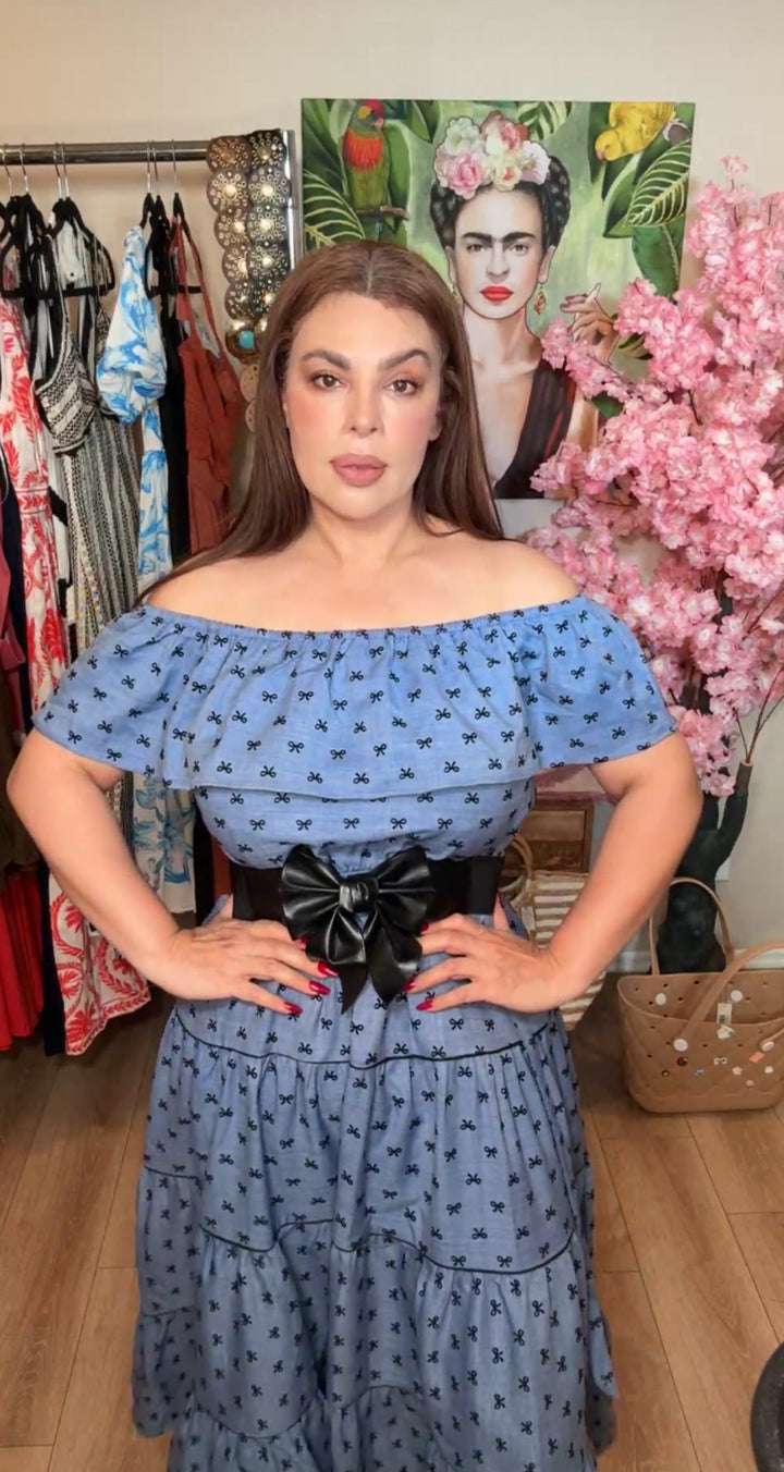 Vestido Azul Con Moñitos Negros Terciopelo Sobre Saltado  (#176)