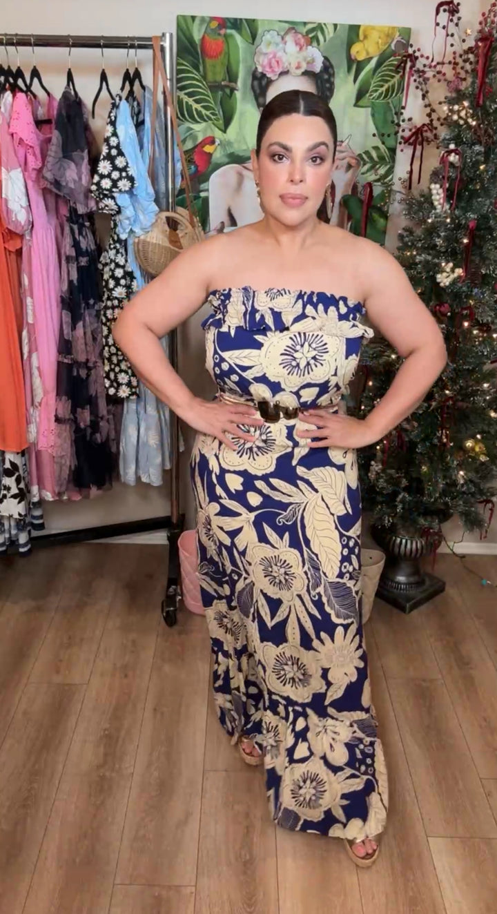 Vestido Azul y Crema Floral Tropical Strapless (#168)