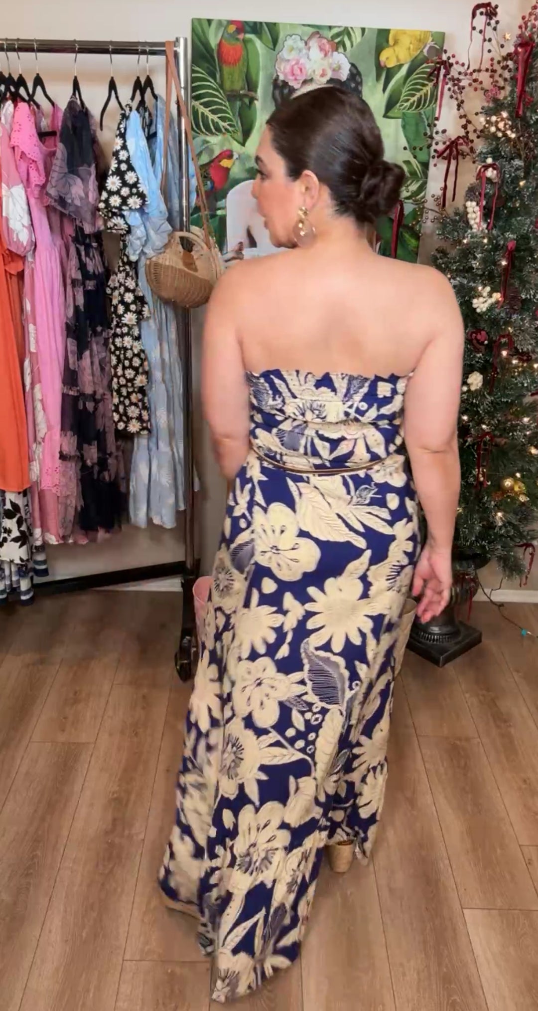 Vestido Azul y Crema Floral Tropical Strapless (#168)