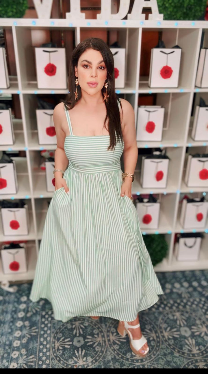 Vestido Verde y Blanco Rayado Marinero Midi (#166)
