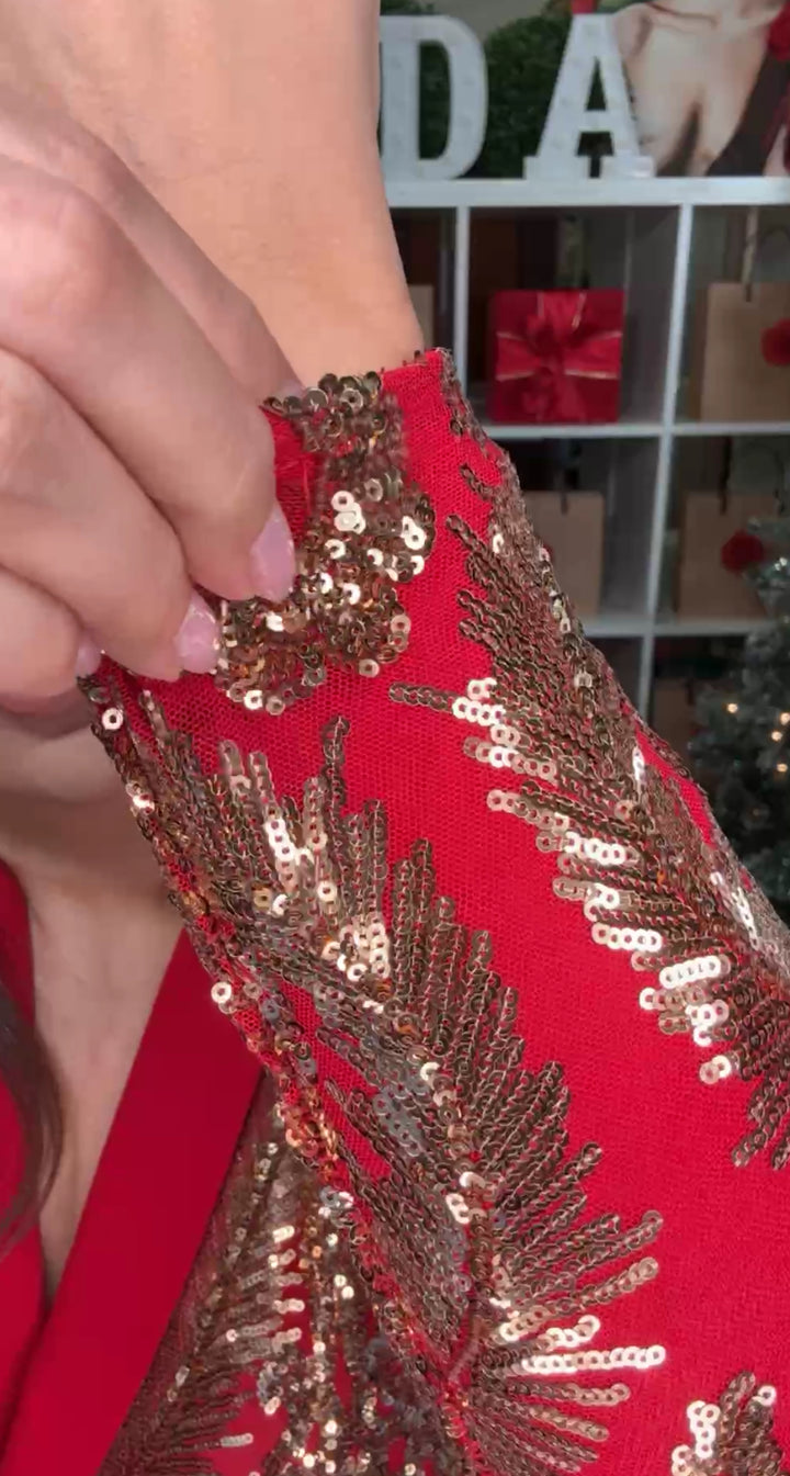 Enterizo Rojo Lentejuela Dorada Ojas Festivo
