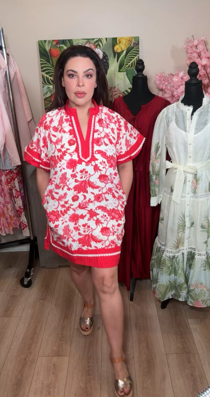 vestido rojo y beige floral mini (