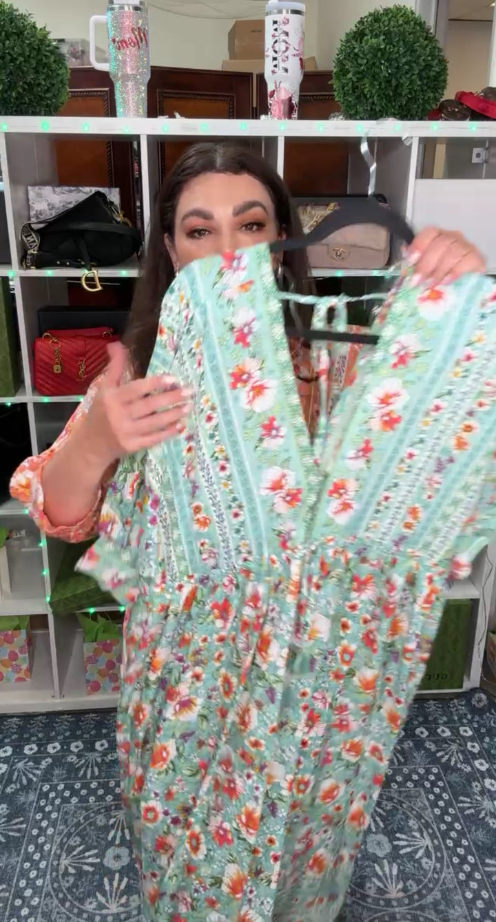 Vestido Verde Menta Floral Naranja Oversized Cintura Ajustable (#223)