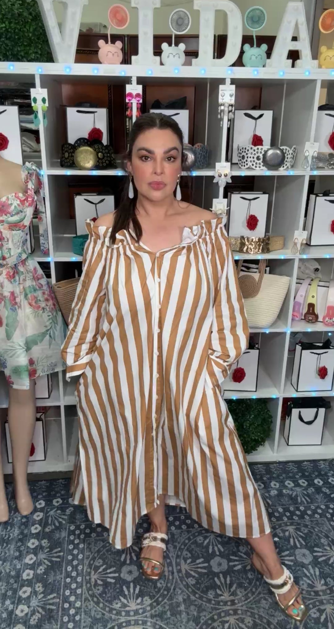 Vestido Café y Blanco Algodon Off Shoulder Lux (#376)