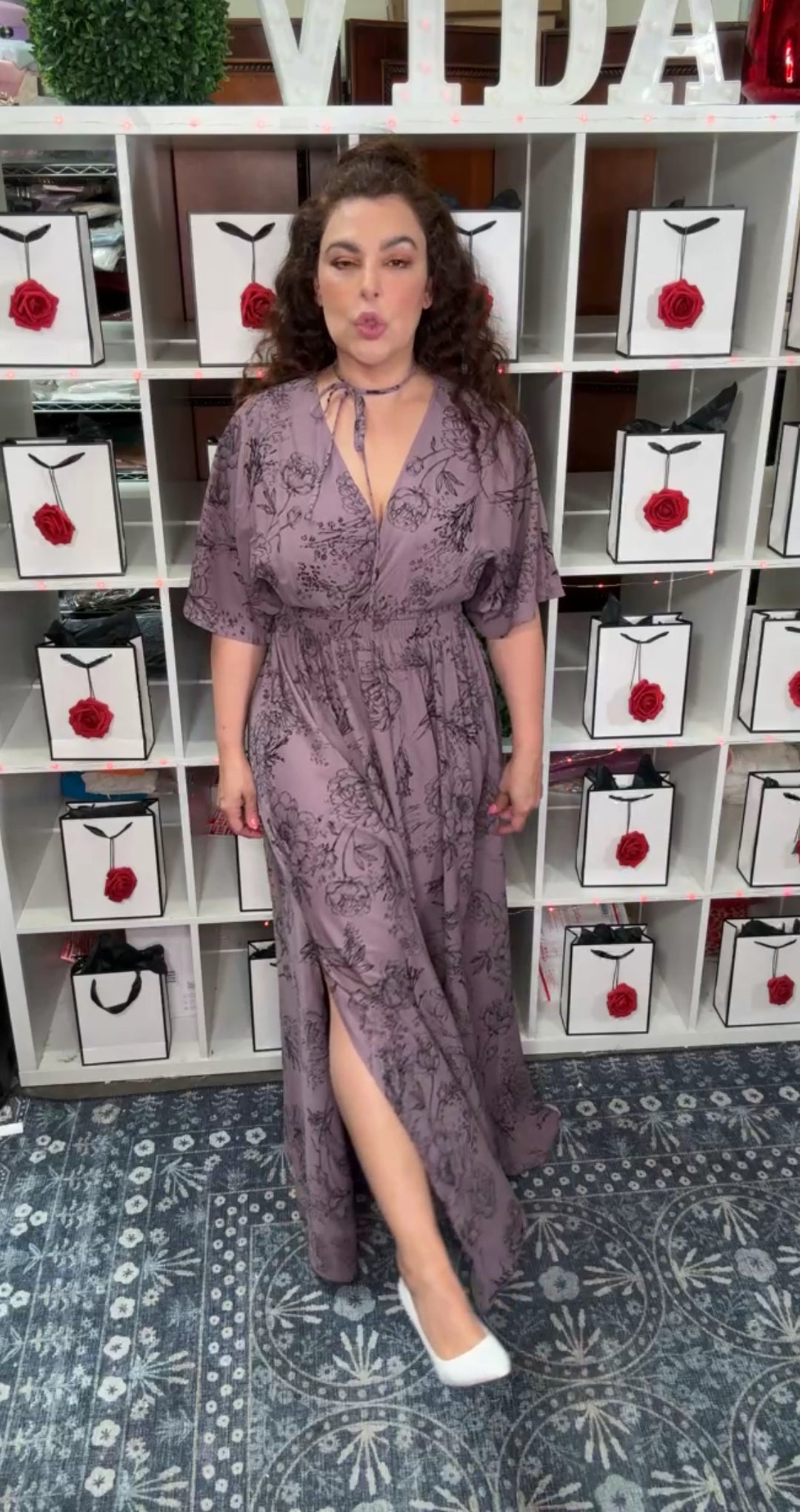 Vestido Morado Uva Floral Maxi Cintura Stretch