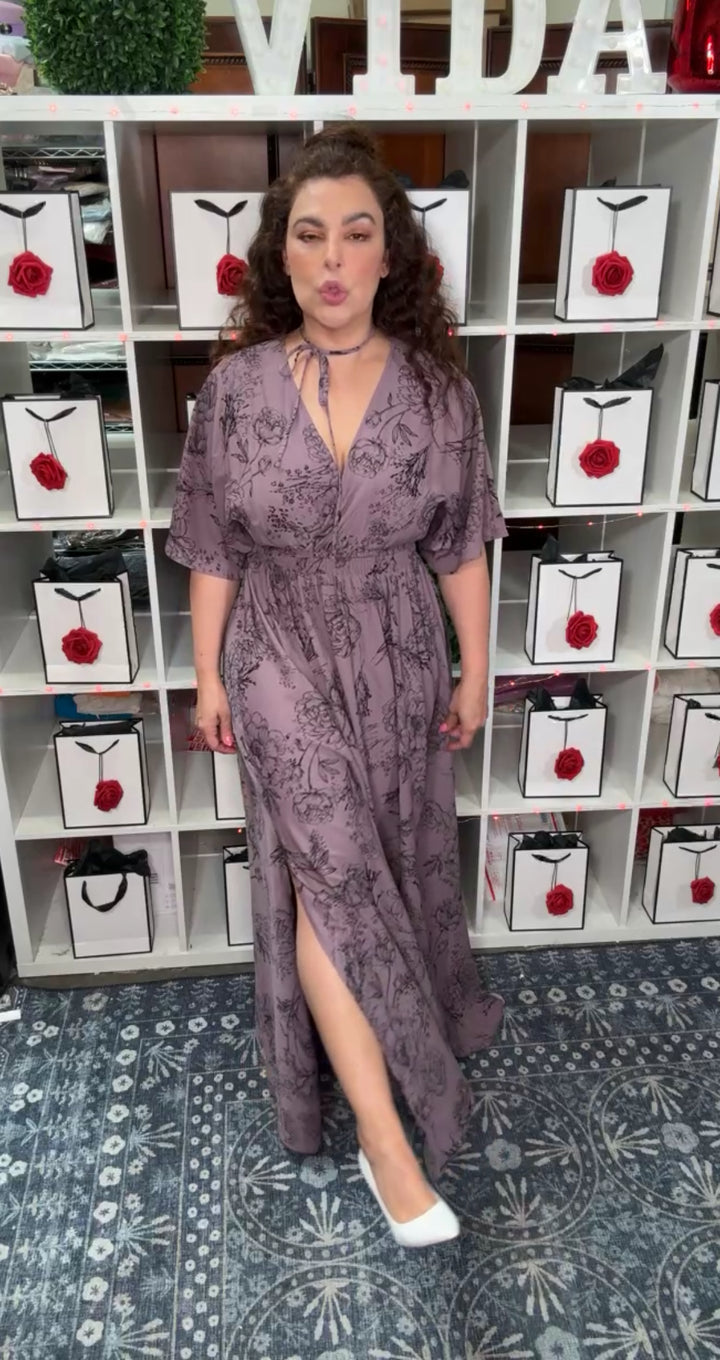 Vestido Morado Uva Floral Maxi Cintura Stretch
