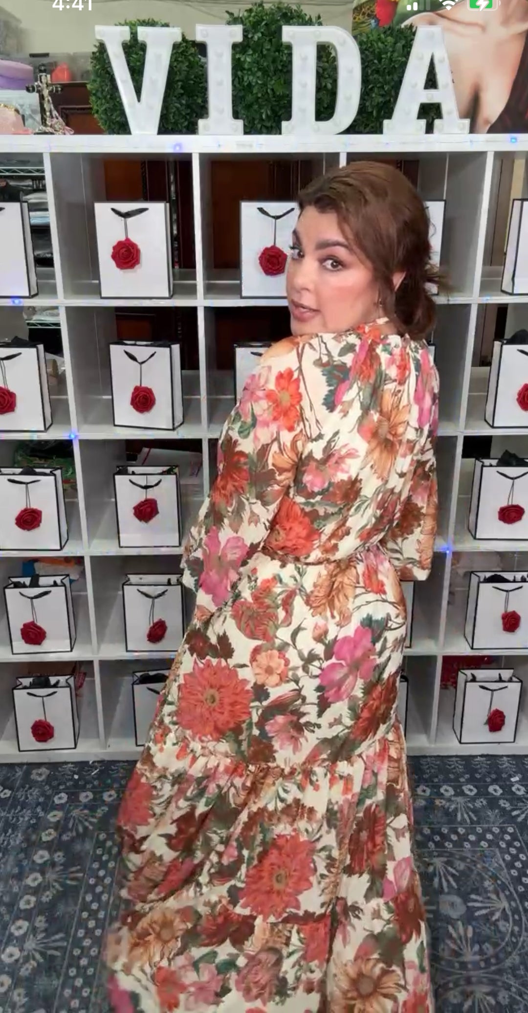 Vestido Beige Flor Otoñal Cintura Elastica Maxi (#357)