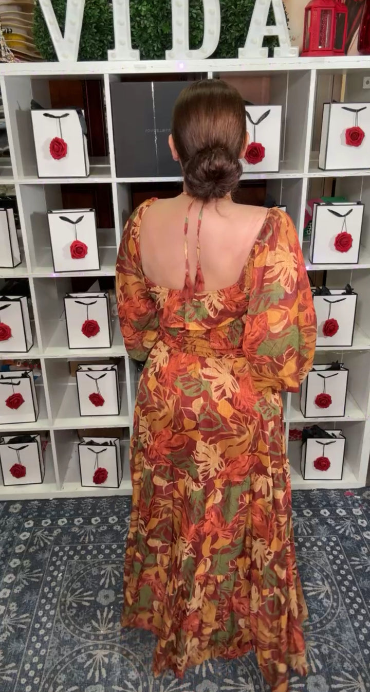 Vestido Terracota Tono Otoñales Floral Maxi Top Elastico