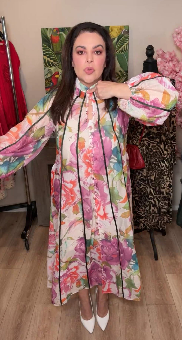 vestido crema floral rayas negras maxi (