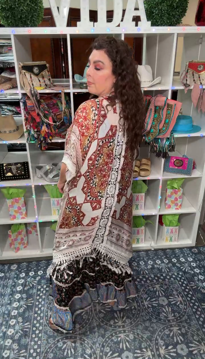 Blusa Beige y Rojo Flor Crochet Bohemia (#113)