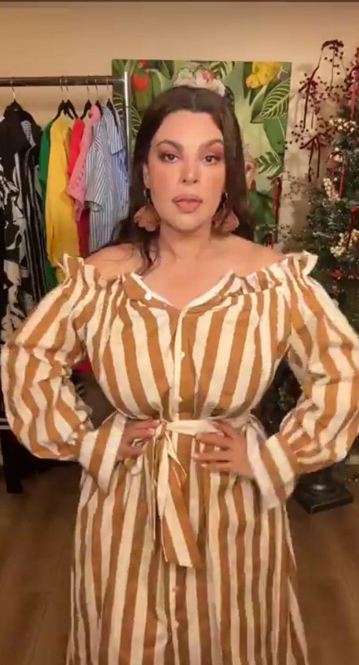 Vestido Cafe y Blanco Rallado Oversized (#143)
