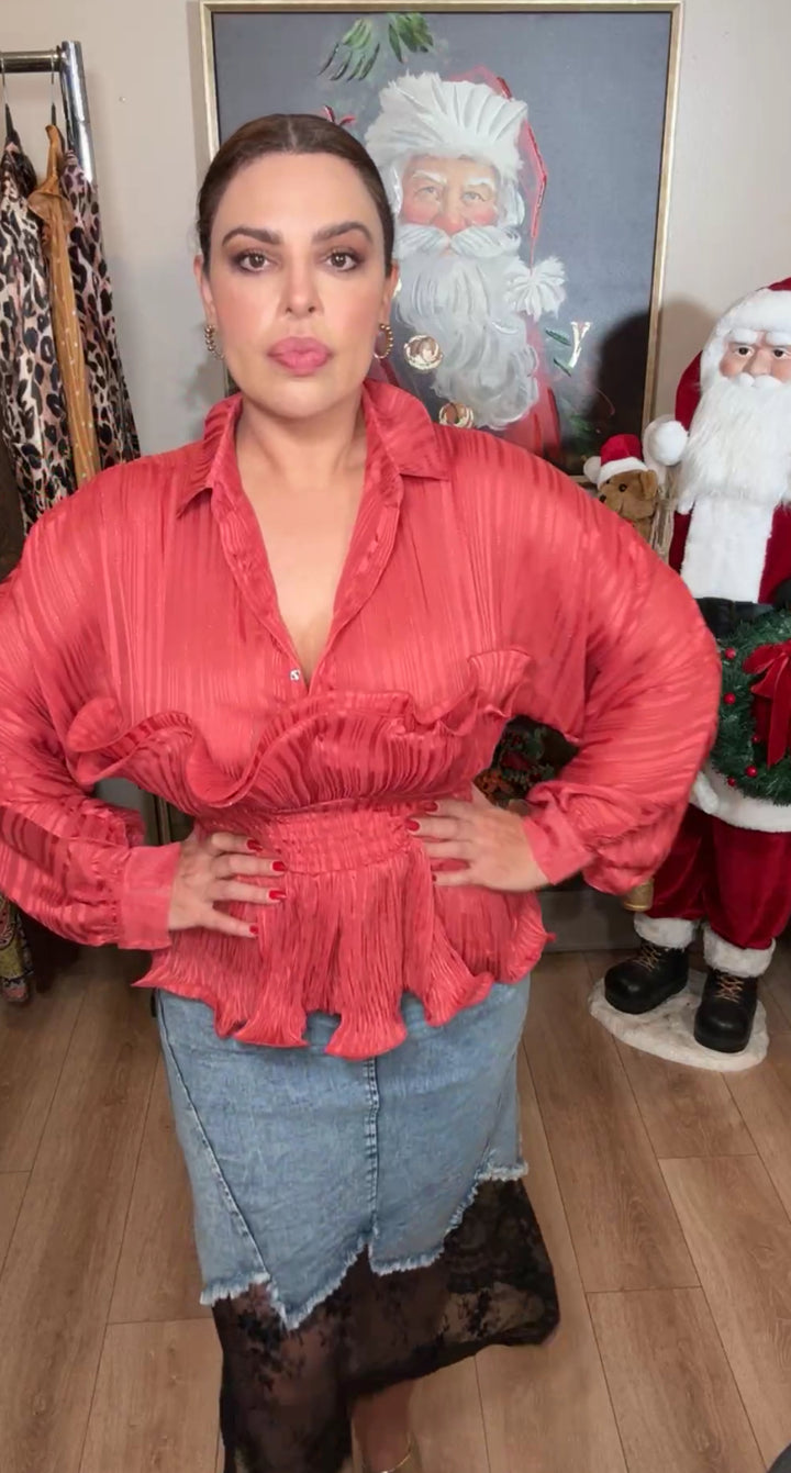 Blusa roja hilo metálico ruffled (#114)