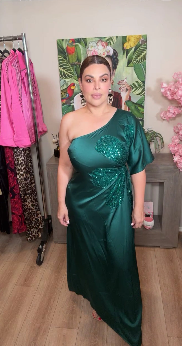 Vestido Verde Esmeralda Satinado Una Manga Flor Lentejuela Maxi (#112)
