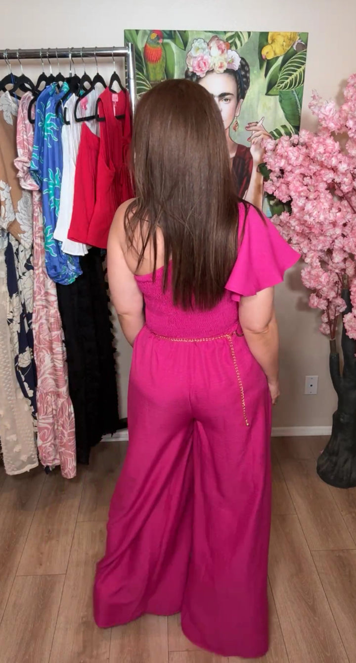Enterizo Magenta Palazzo Top Elástico One Shoulder (#156)