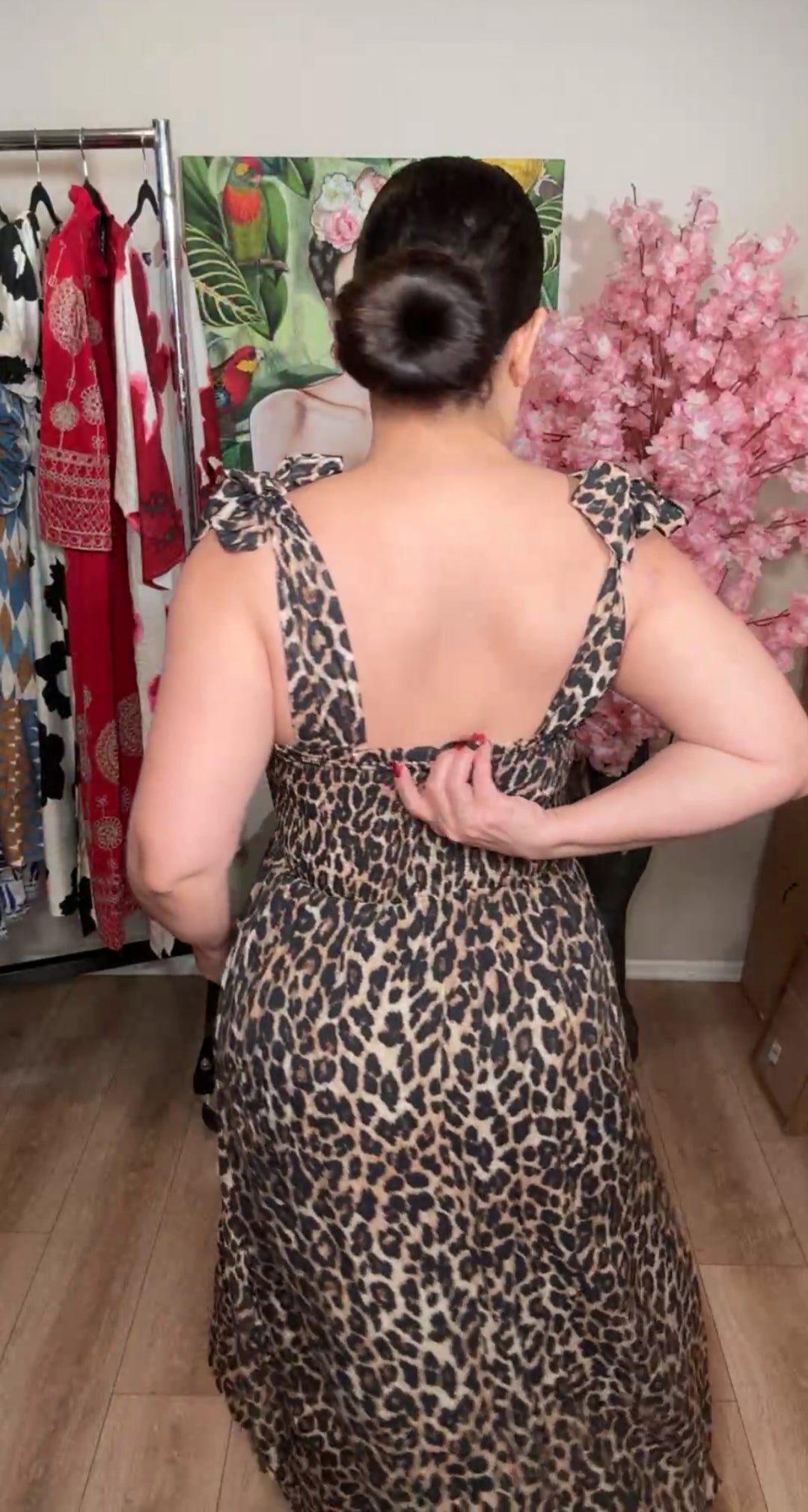 Vestido negro y café leopardo gaza top chirriado moño al hombro midi (#155)