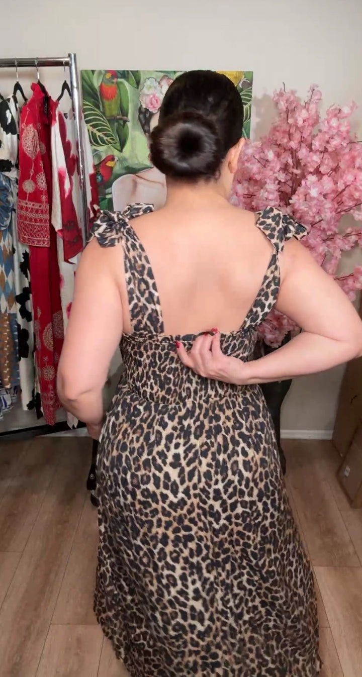 Vestido negro y café leopardo gaza top chirriado moño al hombro midi (#155)