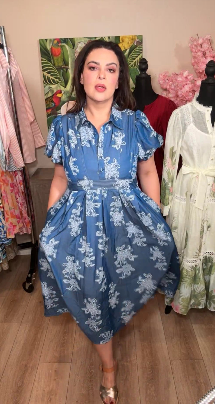 vestido azul denim flores blancas midi (#137)