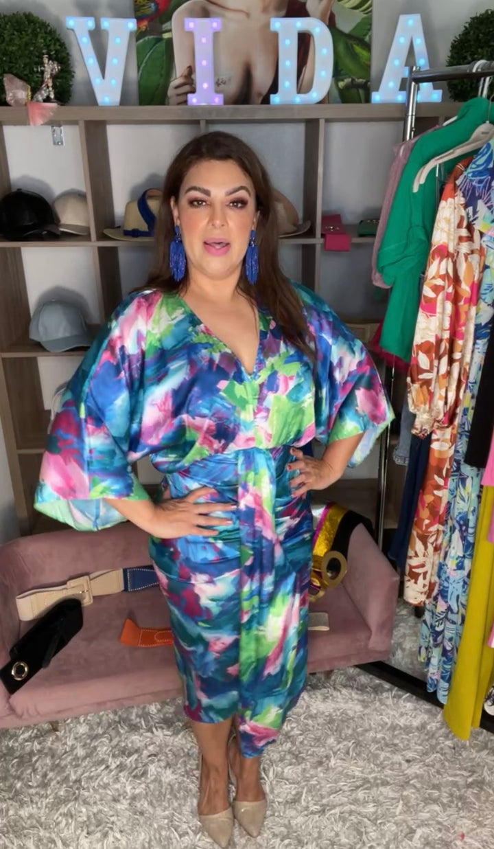 Vestido Azules y Magenta Satinado Midi (#356)