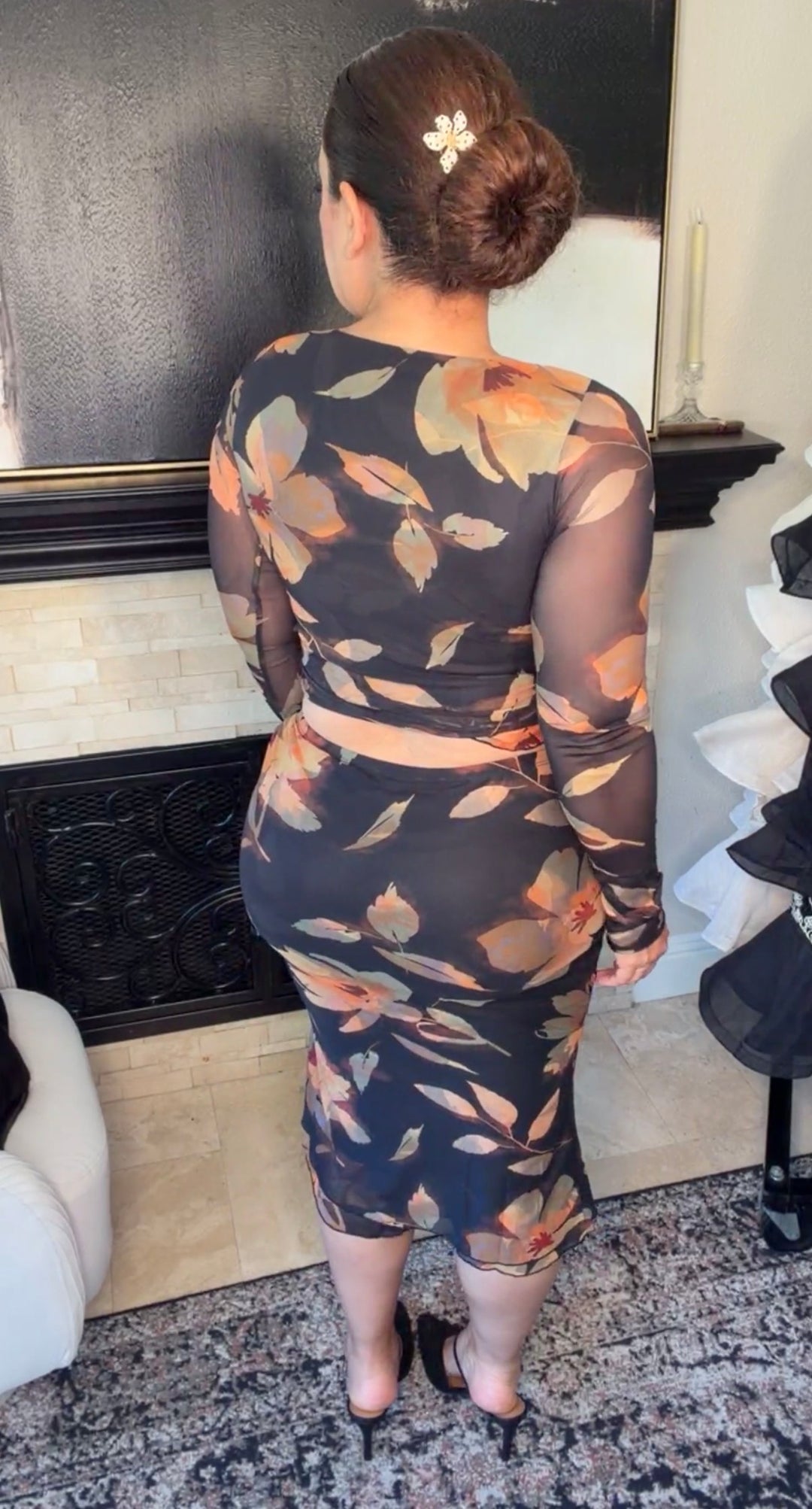 Set negro flor otoñal mesh ultra stretch falda y blusa (
