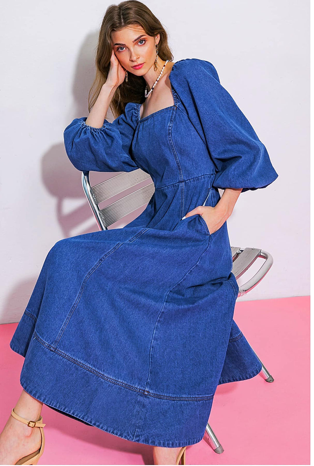 Vestido Azul Mezclilla Midi con Bolsillos (#121)
