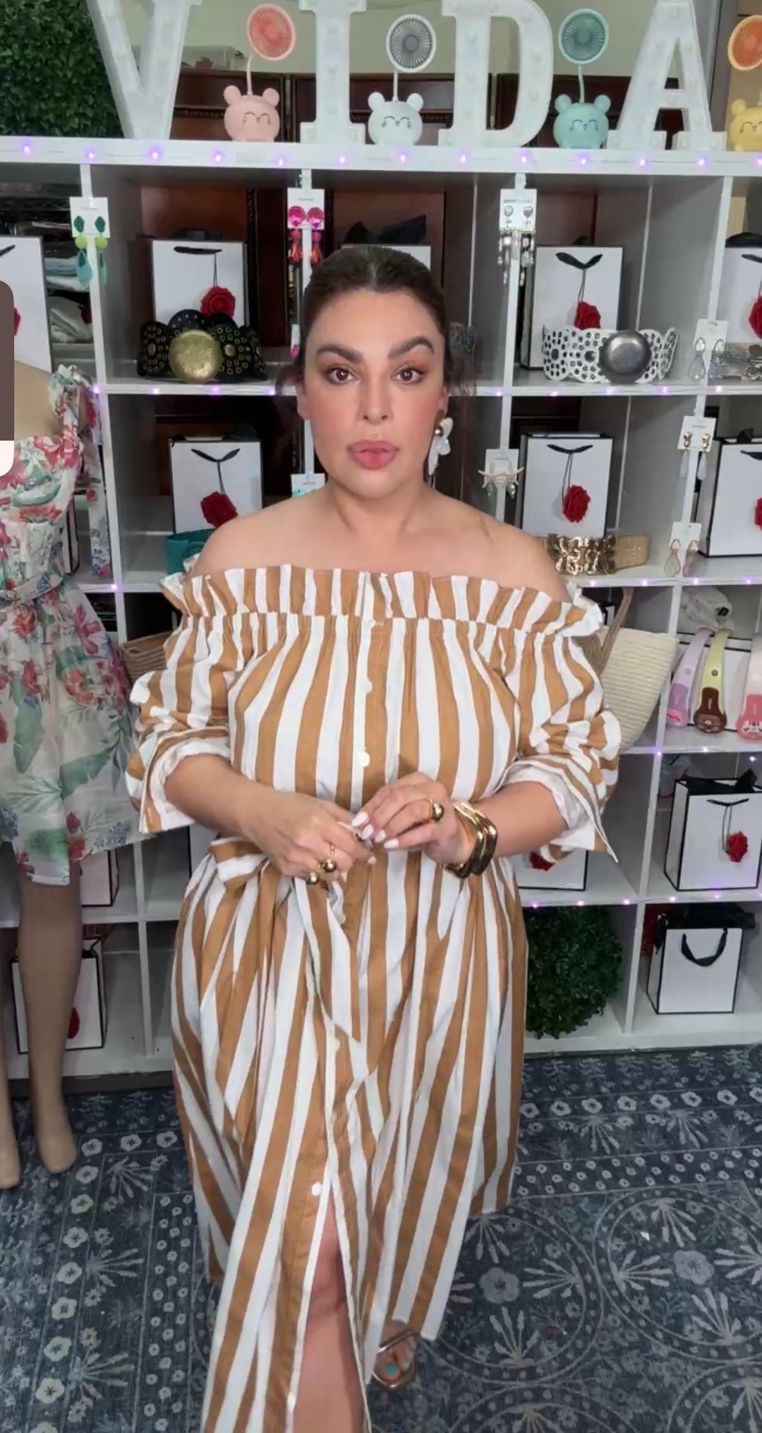 Vestido Café y Blanco Algodon Off Shoulder Lux (#376)
