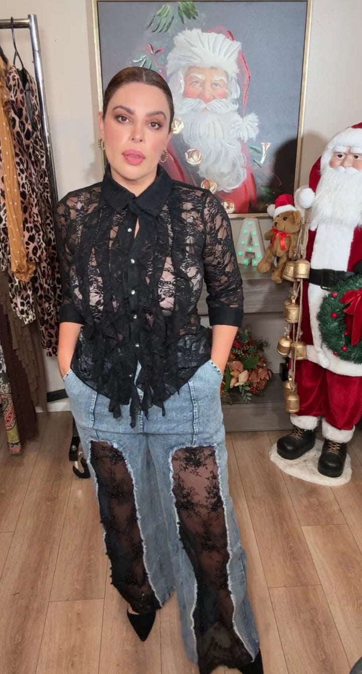 Blusa negra encaje stretch botones pedreria (#112)