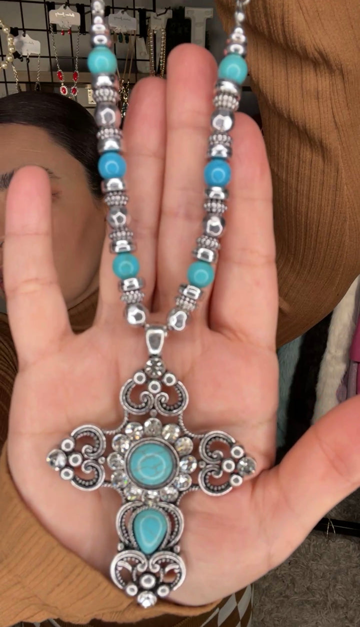 Collar Plateado Cruz Turqueza Largo Set (#340)