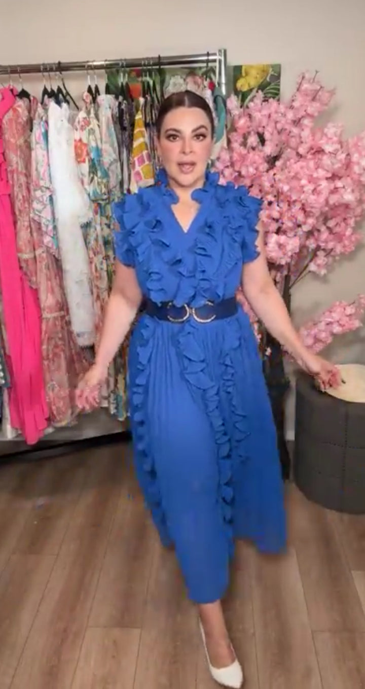 Vestido azul plizado chiffon ruffles maxi (