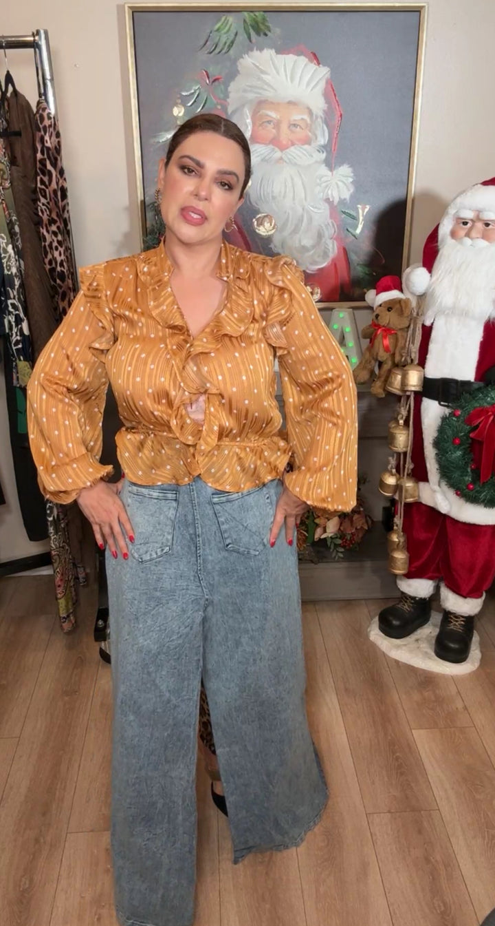 Blusa mostaza y oro ruffles satinada cintura stretch (#111)