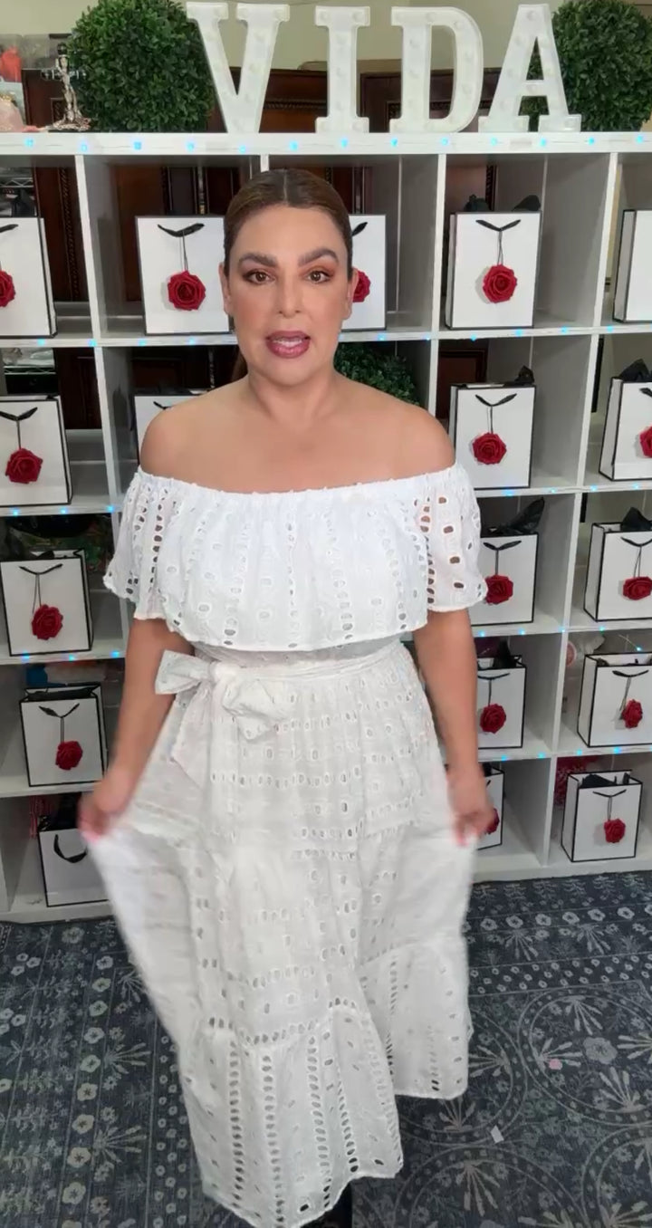 Vestido Blanco Eyelet Off Shoulder Cintura Elastica (#362)