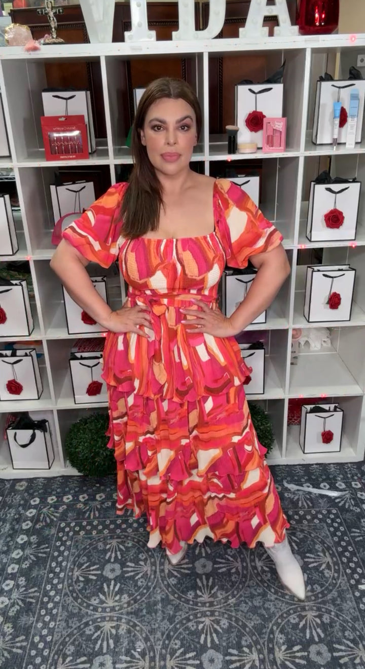 Vestido Rosa y Naranja Pintura Olaneado con Plizado (#155)