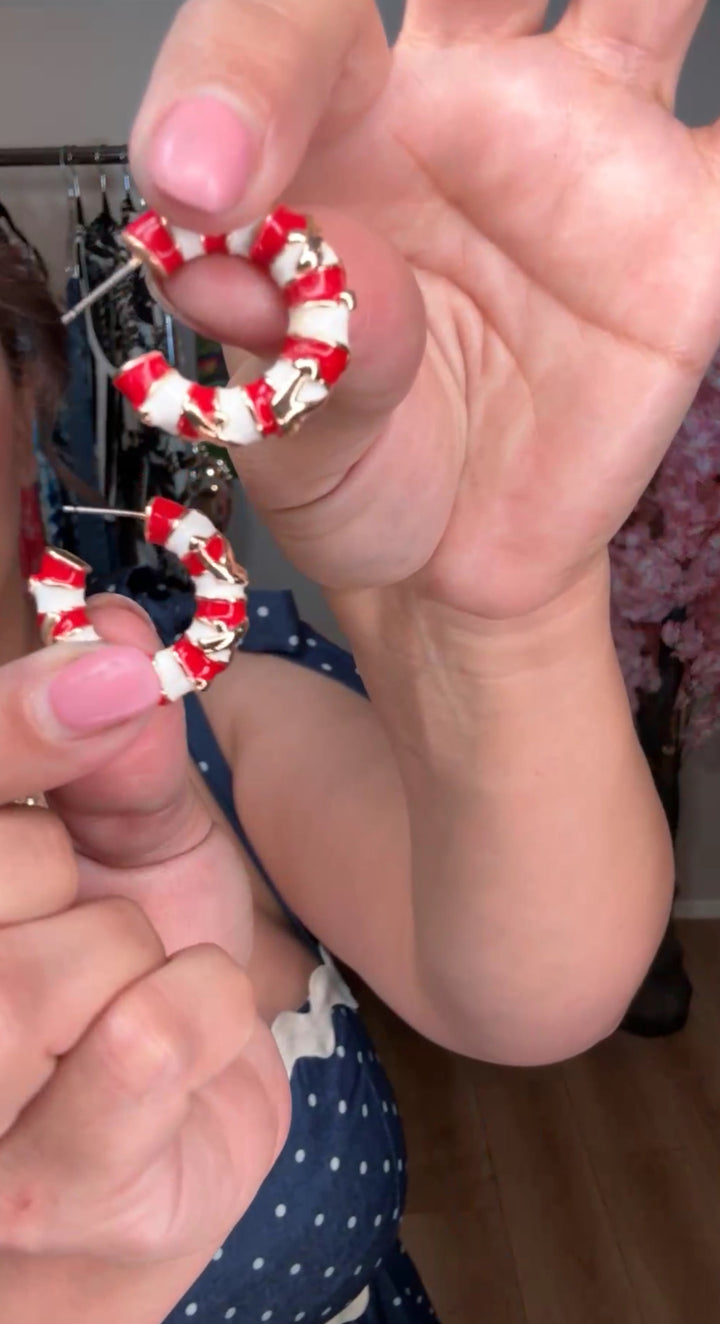 Arete Blanco y Rojo Anclas Doradas (#113)