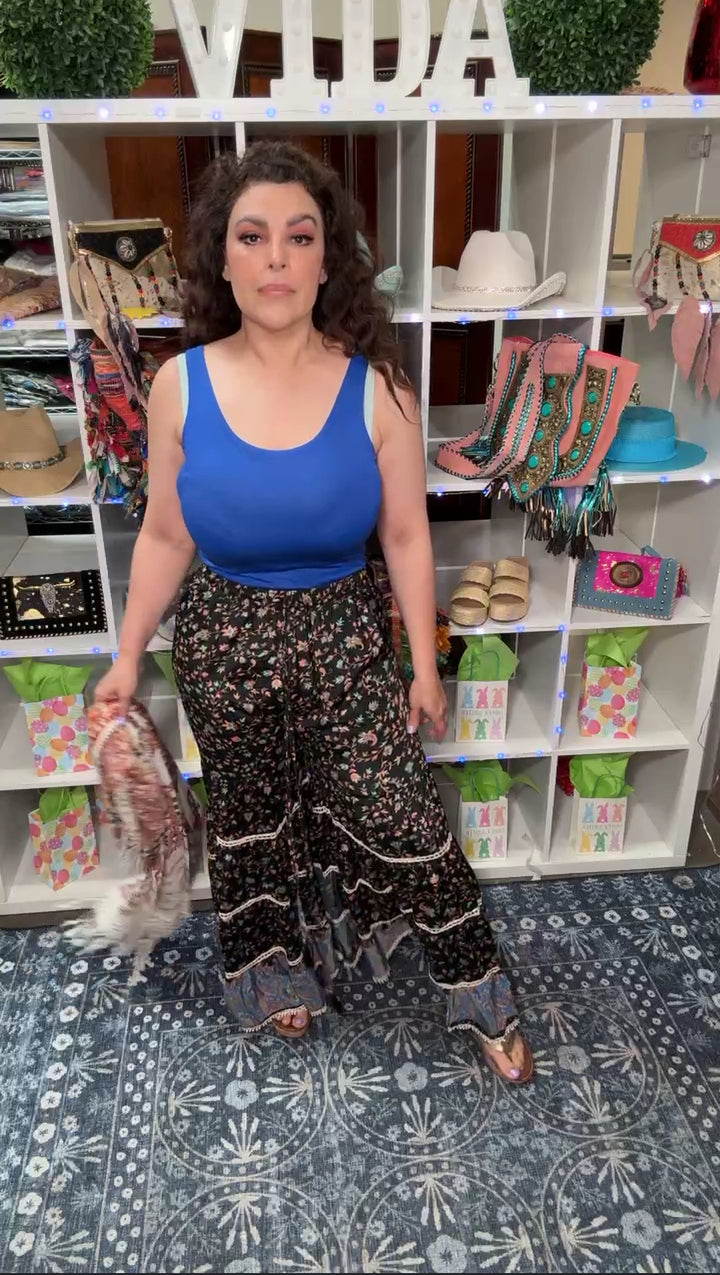 Pantalon Negro Floral Crochet Palazo (#117)