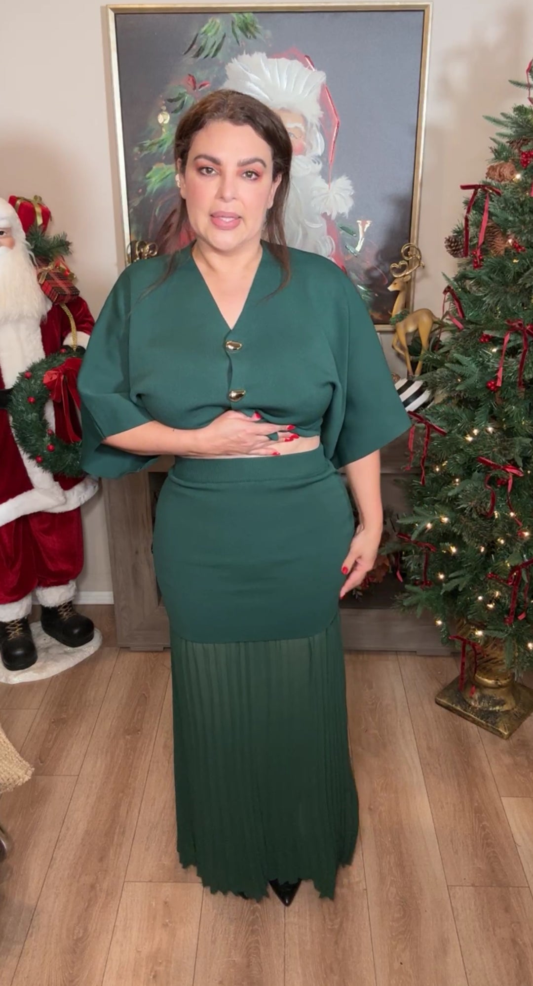 Set verde top botón oro falda con chiffon (#130)