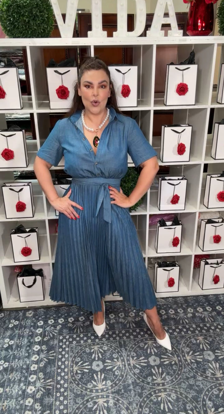 Vestido Azul Plizado Mezclilla Cintura Elastica