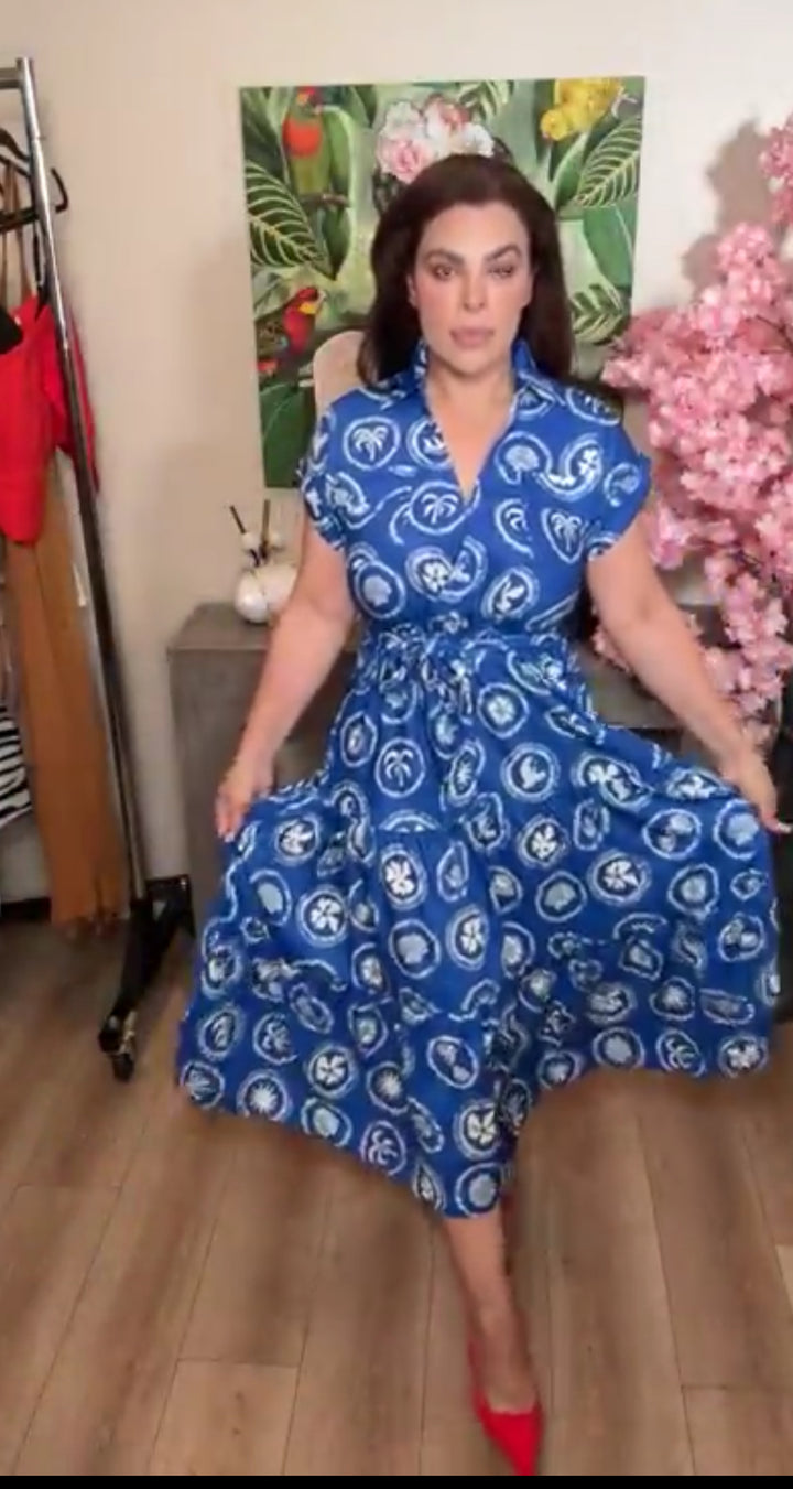 Vestido Azul Y Blanco Diseños Playa Cintura Elastica Con Cinto (#129)