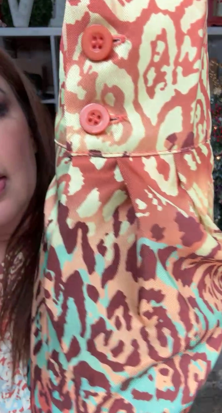 Vestido Marron Con Menta Sobre Leopardo Midi Suelto Con Cinto (#392)