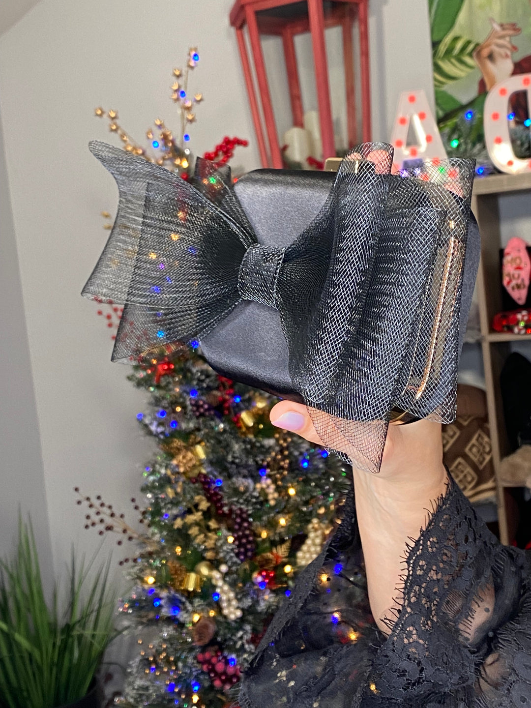 Bolsa Negra Satin Moño Tulle (#131)