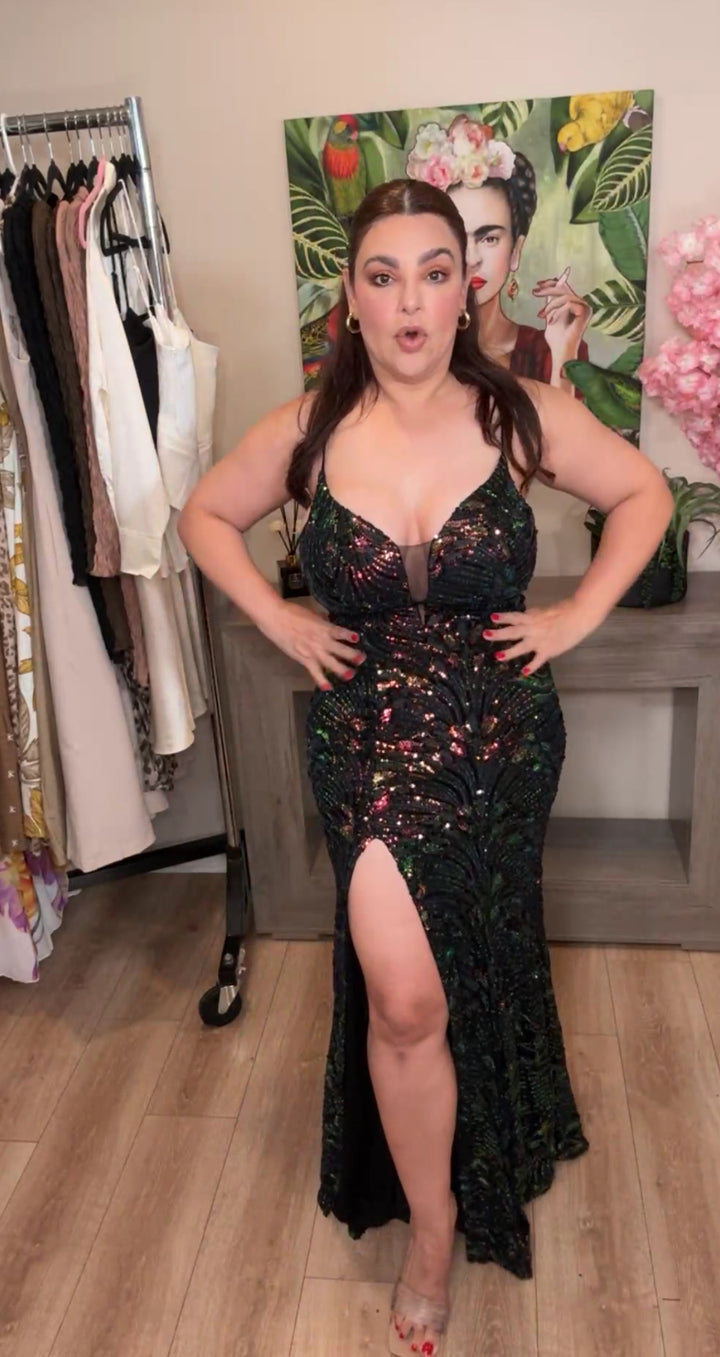Vestido Negro Lentejuela Tornasol Maxi Gala (#152)